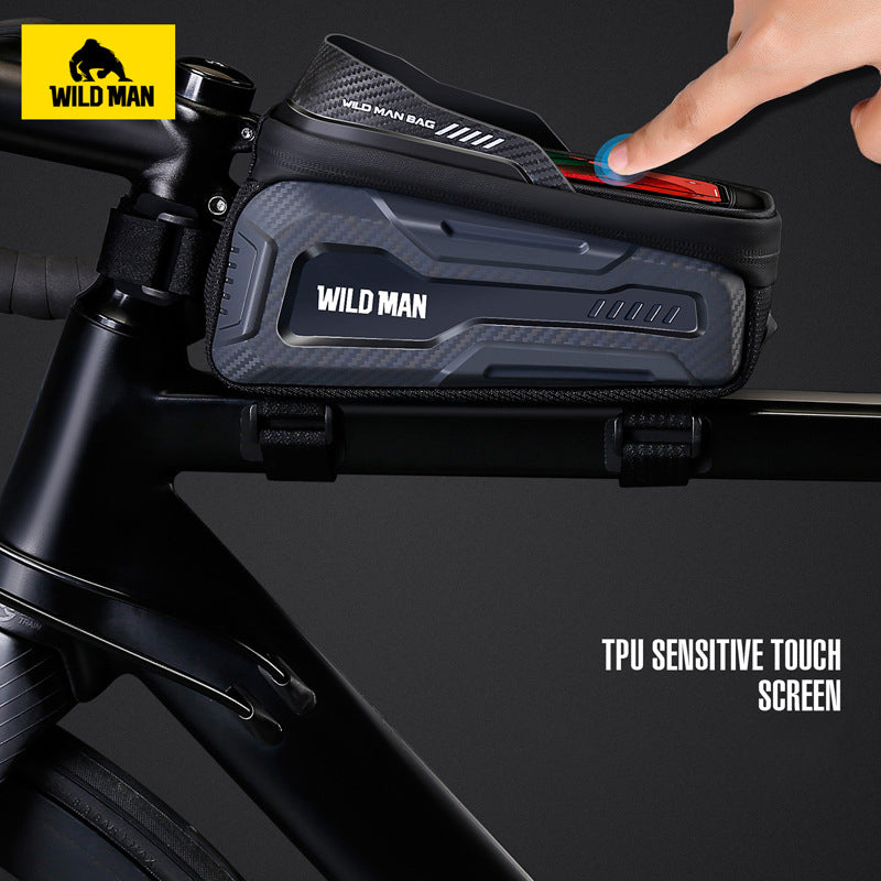 WILD MAN Bicycle Mobile Phone Touch Screen Hard Shell Front Beam Bag, Mountain Bike Front Saddle Bag Riding Equipment Bag