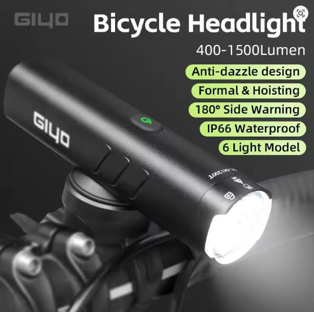 GIYO  Bicycle Front Lighting 400LM -1500LM Rotatable Lens USB Charge IP66 Waterproof Anti-Glare