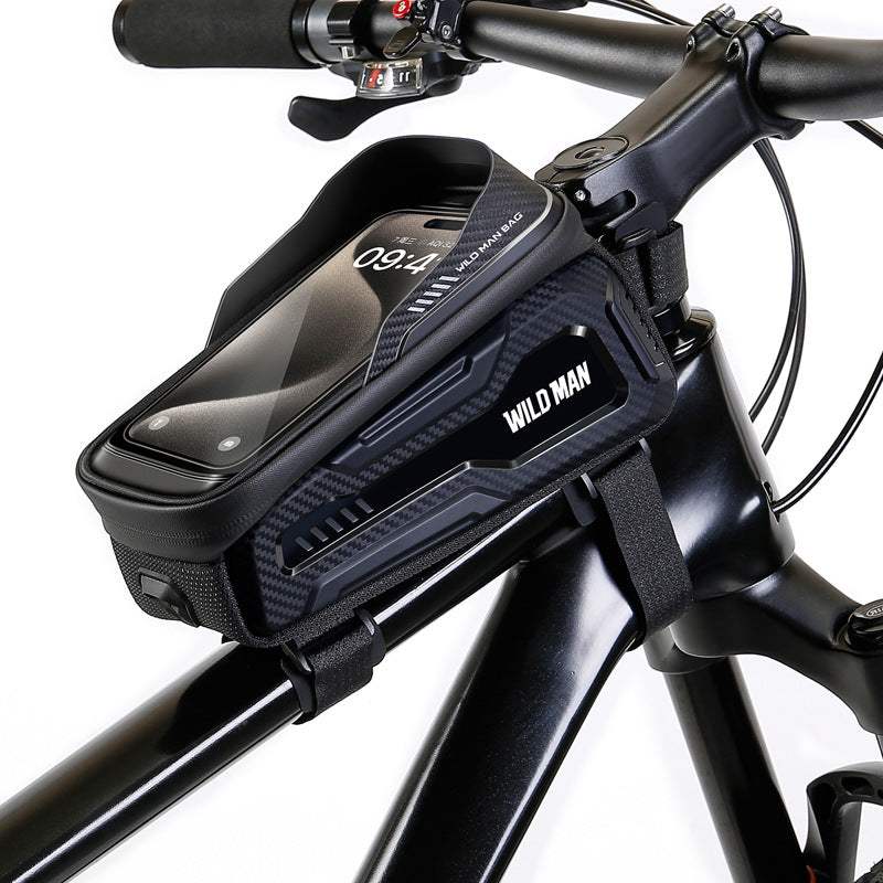 WILD MAN Bicycle Mobile Phone Touch Screen Hard Shell Front Beam Bag, Mountain Bike Front Saddle Bag Riding Equipment Bag
