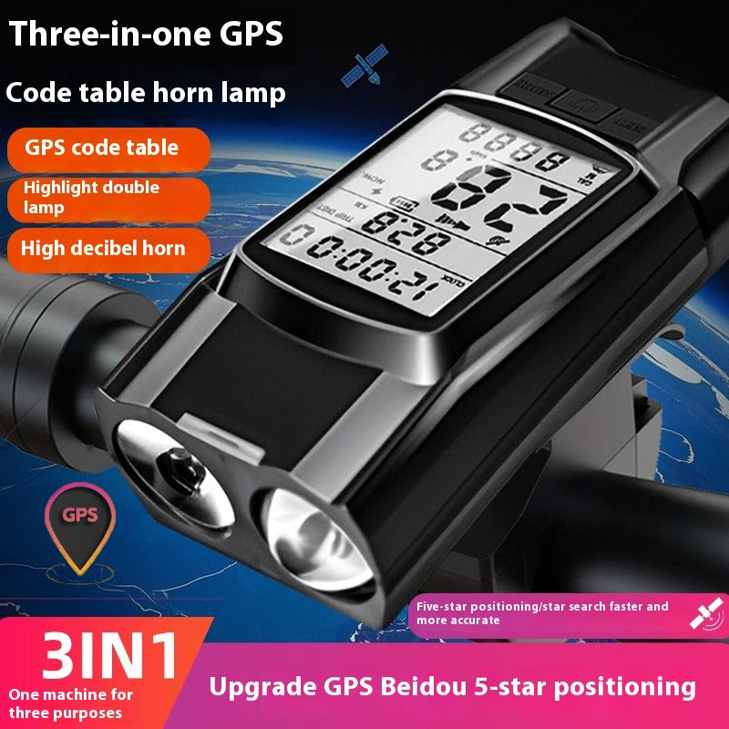 GPS Bike Computer Headlight Speedometer Horn Lamp,3 in 1 Multifunctional Bicycle Front Lamp Cycling Computer