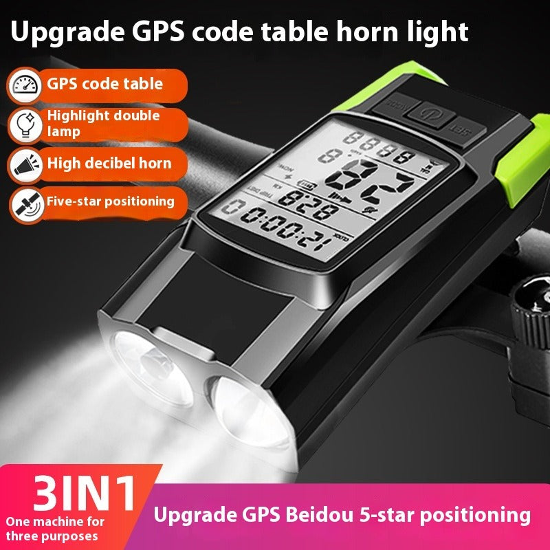GPS Bike Computer Headlight Speedometer Horn Lamp,3 in 1 Multifunctional Bicycle Front Lamp Cycling Computer
