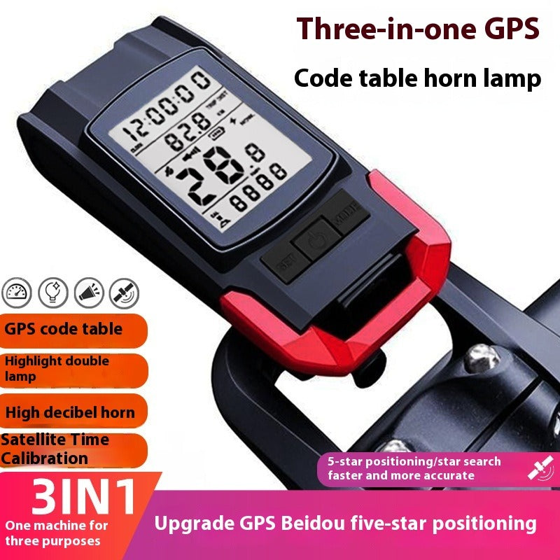 GPS Bike Computer Headlight Speedometer Horn Lamp,3 in 1 Multifunctional Bicycle Front Lamp Cycling Computer
