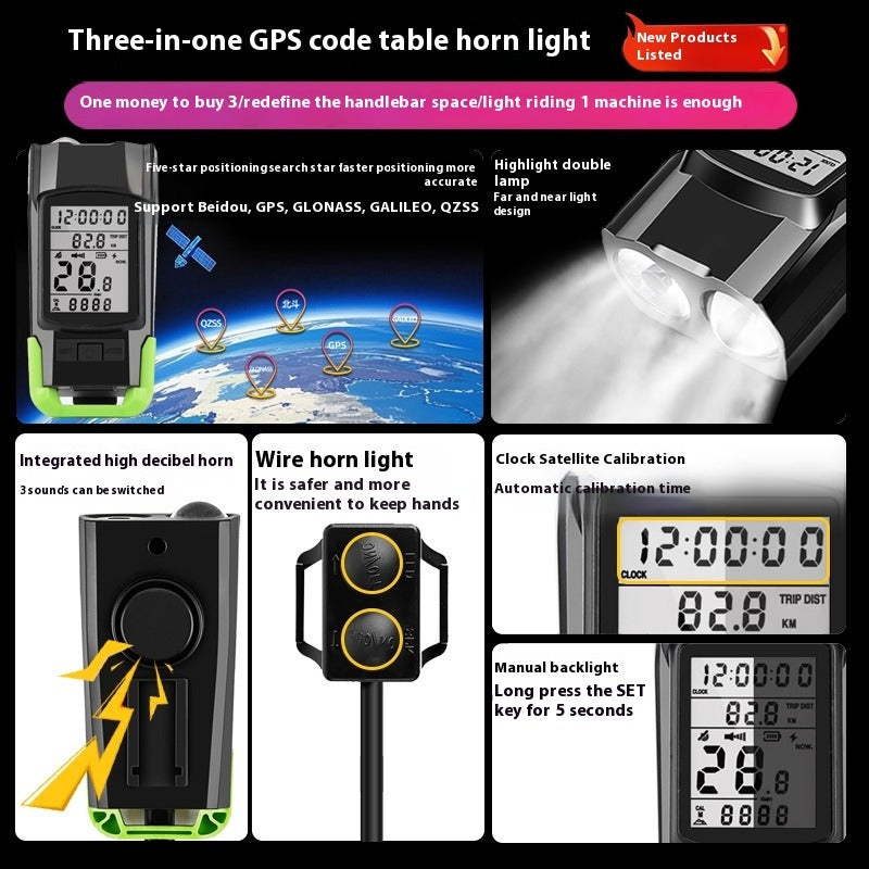 GPS Bike Computer Headlight Speedometer Horn Lamp,3 in 1 Multifunctional Bicycle Front Lamp Cycling Computer