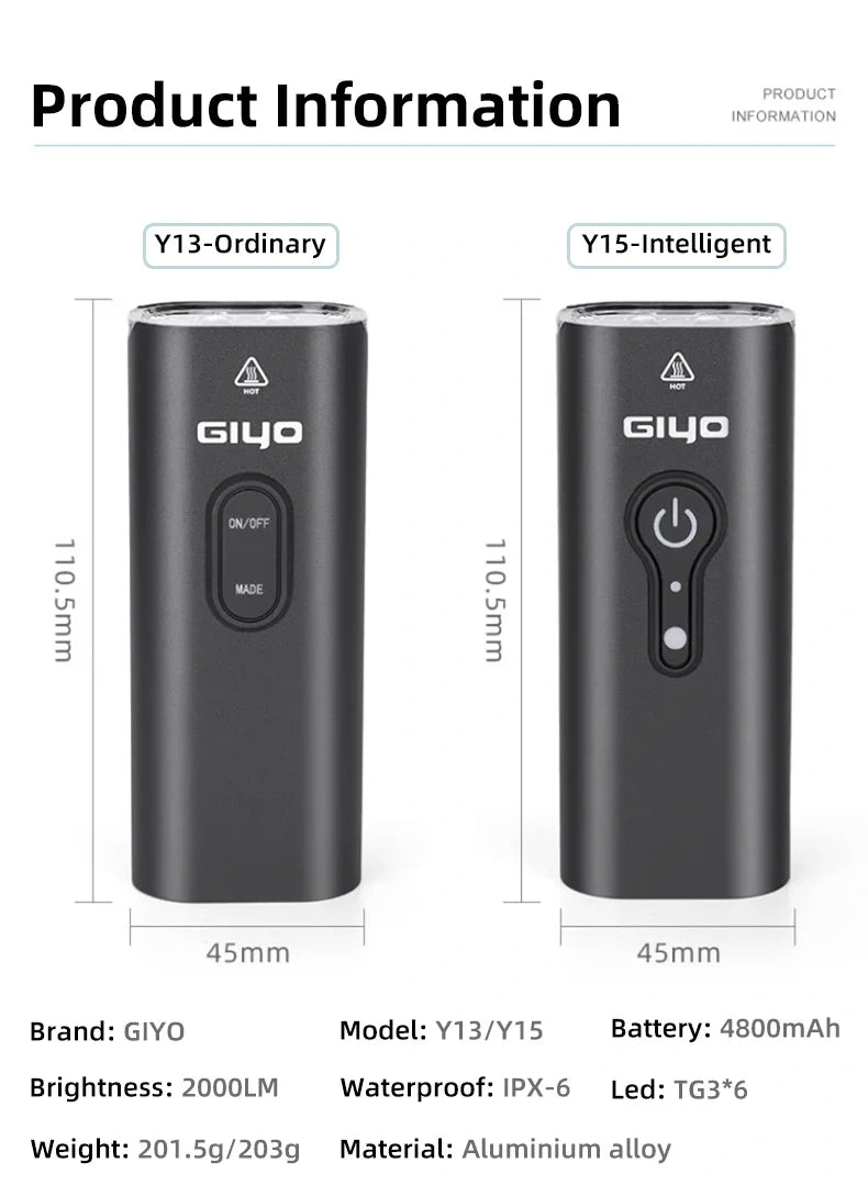 GIYO Bicycle lights 2000LM Bicycle Headlight ,IPX6 Waterproof , Front Light 6 Gear Mode 4800mAh USB Charing